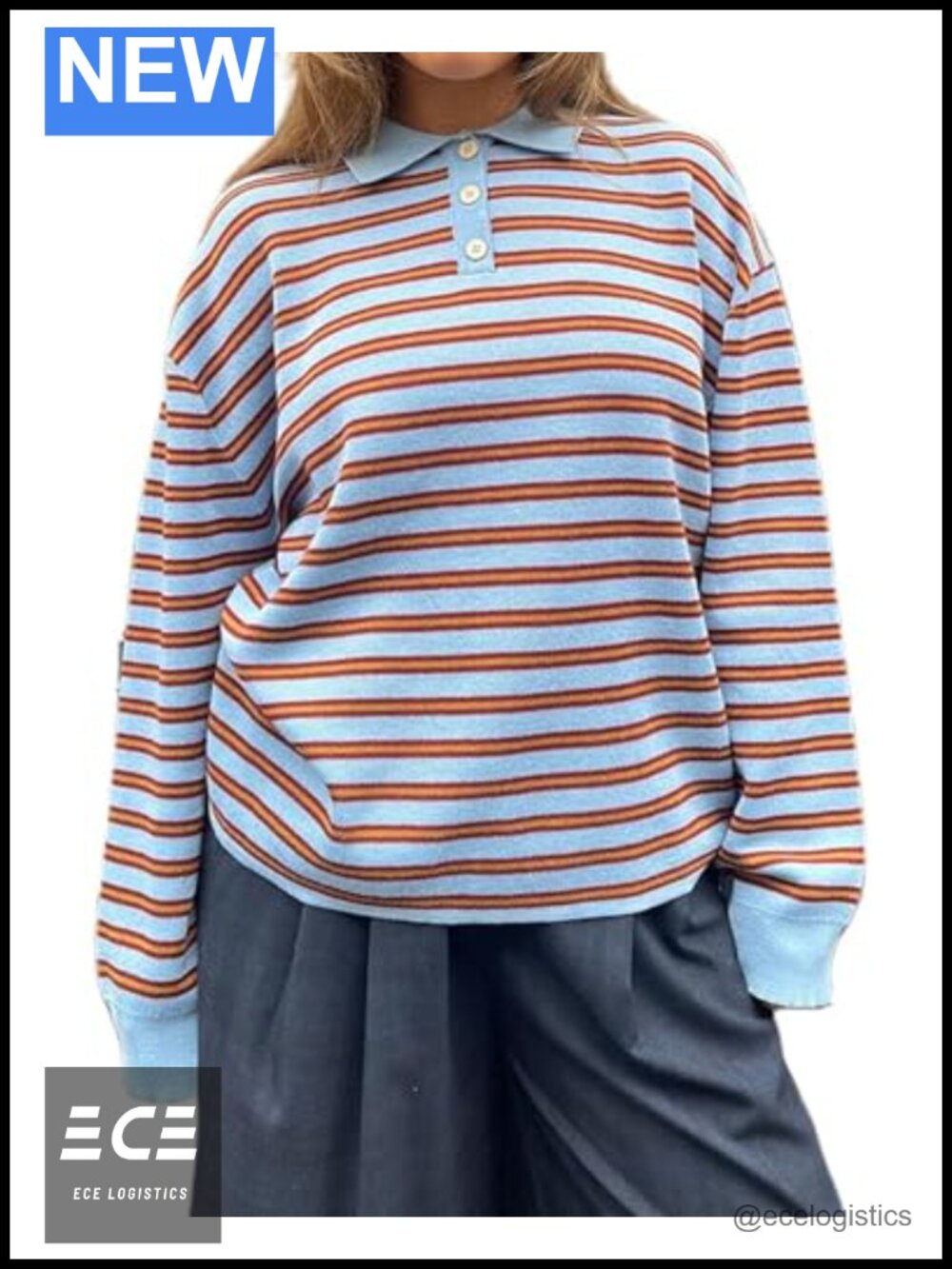 Women Y2K Oversized Striped Polo Sweater Preppy Long Sleeve Pullover